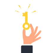 Gold key being held by an animated hand. 